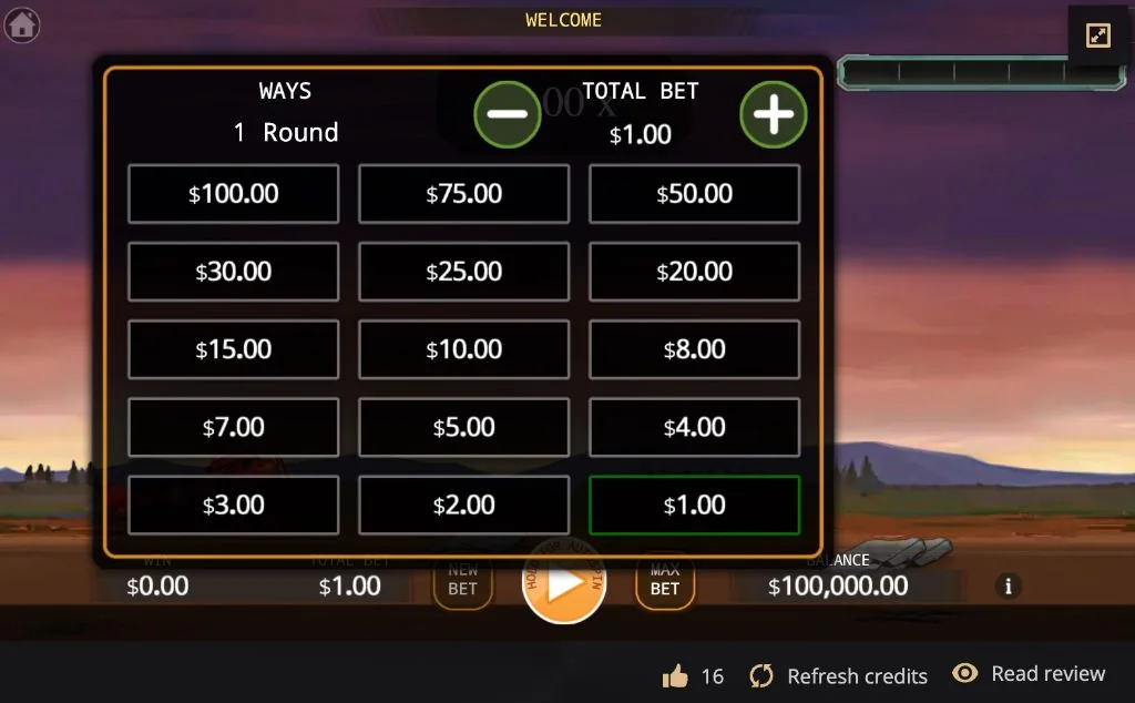 Stake selection panel showing values from $1 up to $100 in the demo