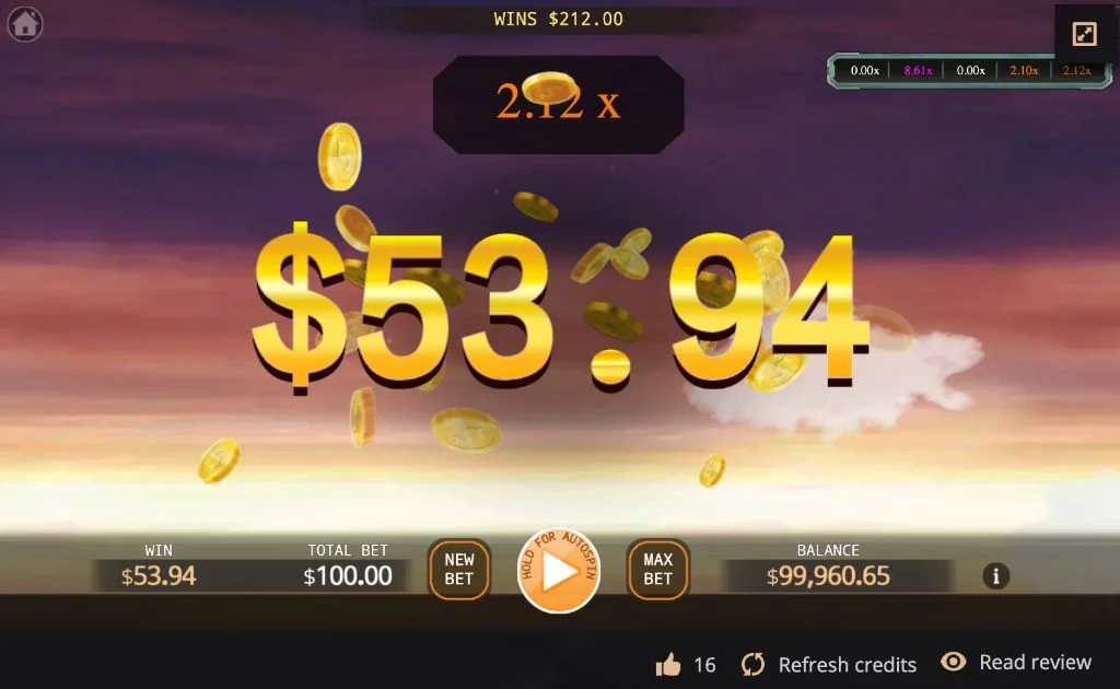 A large real-money win of $53.94 displayed on screen with falling coins