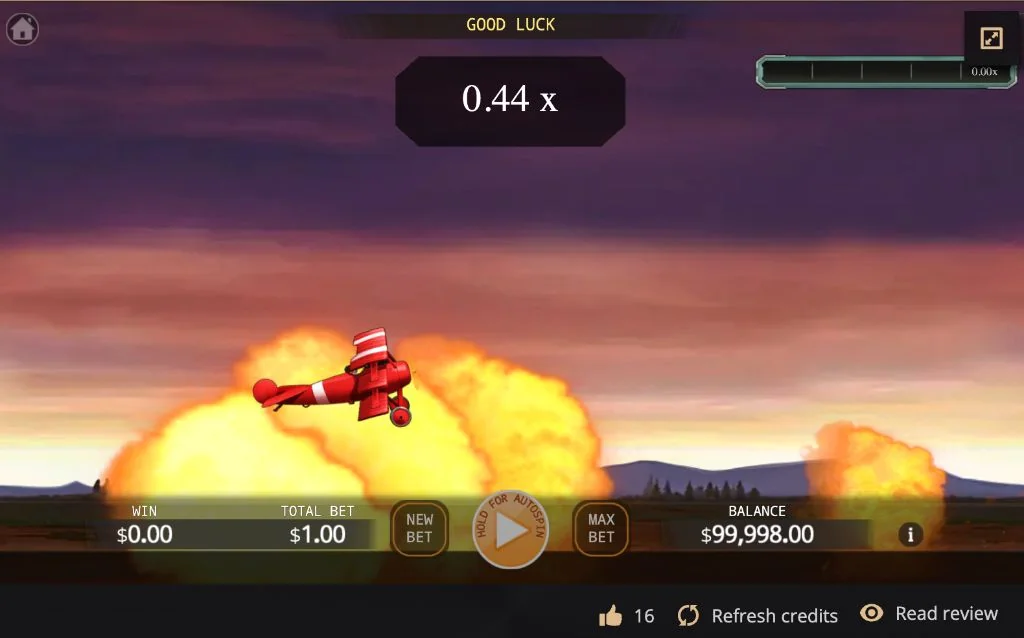 The biplane mid-round with explosions on the horizon as the multiplier resets