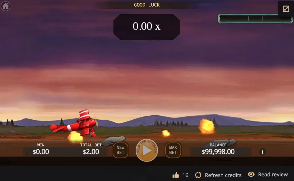 Red biplane beginning its take-off run with the multiplier at 0.00×