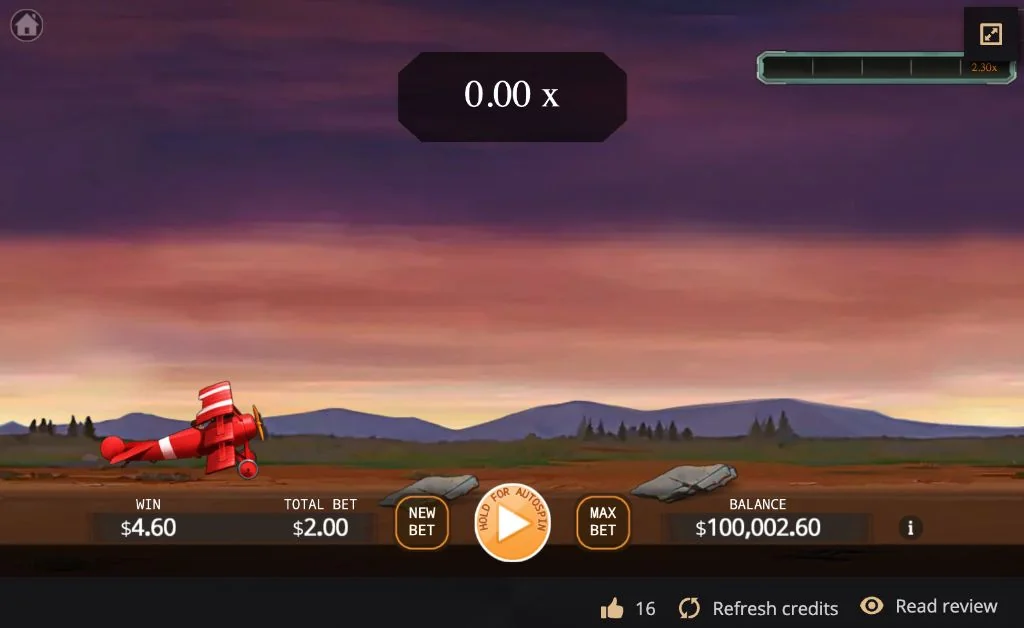 The biplane in flight with the multiplier climbing and a small win registered