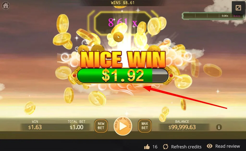 A nice win screen showing a payout with celebratory coin animation